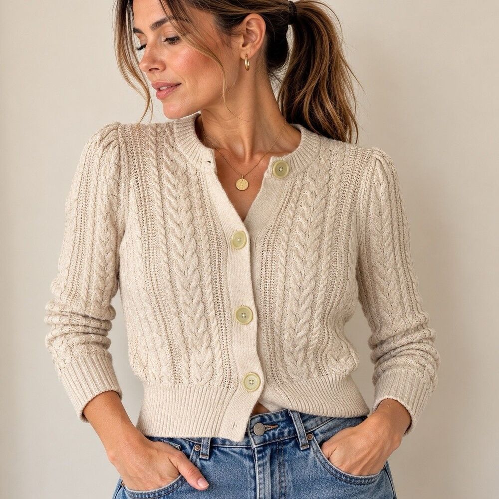 LOFT Women's M Cream Cable Knit Button Cardigan Sweater Wool Blend Cottagecore